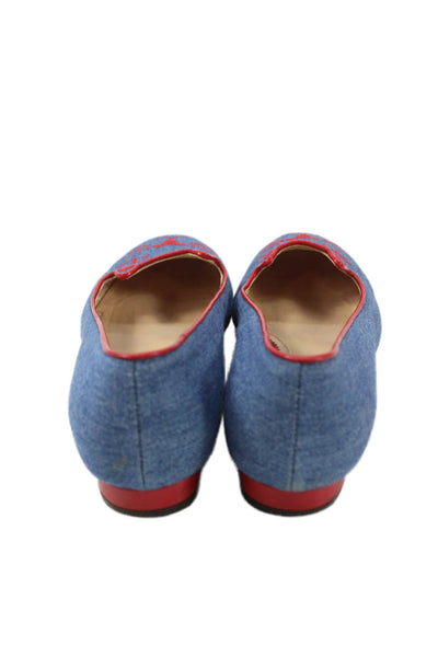 Charlotte Olympia Womens Slip On Denim Kitty Ballet Flats Blue Red Size 36.5