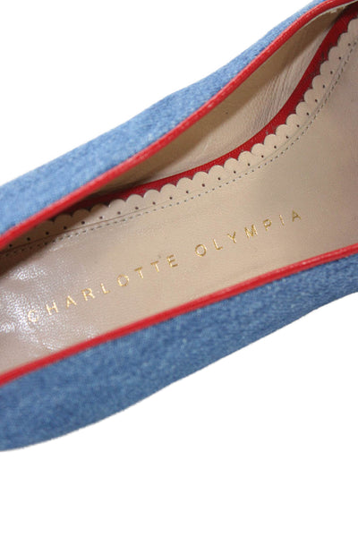 Charlotte Olympia Womens Slip On Denim Kitty Ballet Flats Blue Red Size 36.5