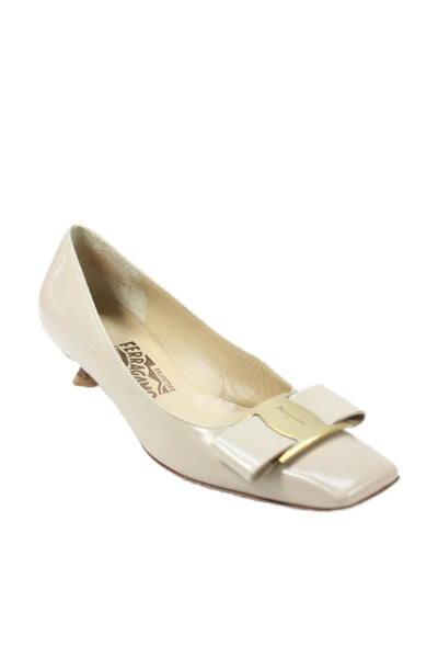 Salvatore Ferragamo Womens Kitten Heel Logo Bow Pumps Beige Size 7 AA