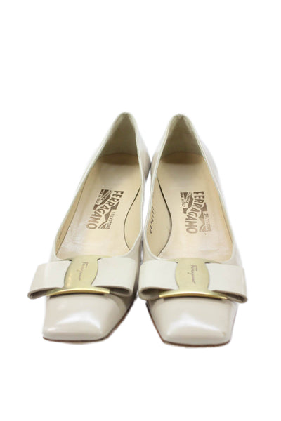 Salvatore Ferragamo Womens Kitten Heel Logo Bow Pumps Beige Size 7 AA