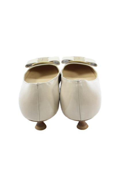 Salvatore Ferragamo Womens Kitten Heel Logo Bow Pumps Beige Size 7 AA