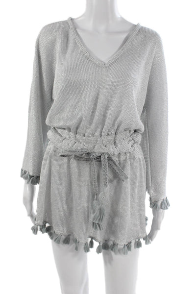 Ramy Brook Womens Kaftan Dress Silver V Neck Long Sleeve Petite Size XS