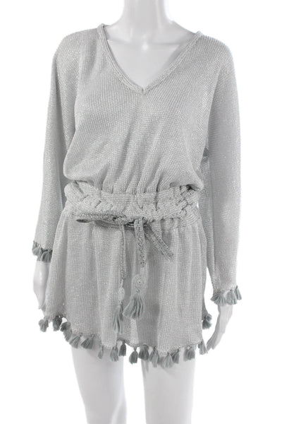 Ramy Brook Womens Kaftan Dress Silver V Neck Long Sleeve Petite Size XS