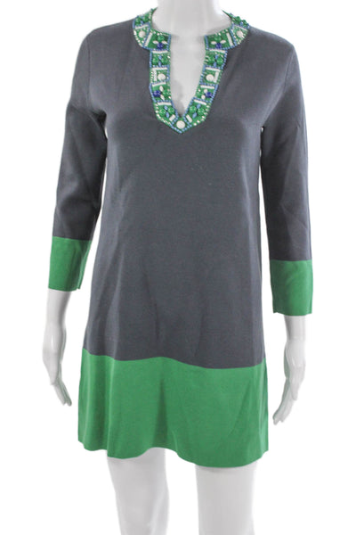 BCBGMAXAZRIA Women Silk Colorblock V-Neck Shift Dress Gray 3/4 Sleeve Size XS