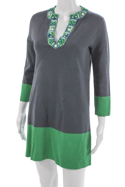 BCBGMAXAZRIA Women Silk Colorblock V-Neck Shift Dress Gray 3/4 Sleeve Size XS