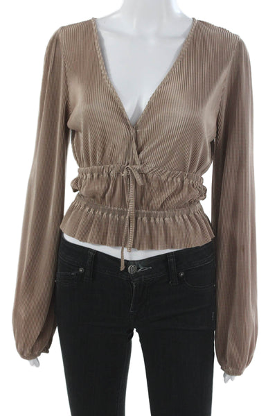 Zara Women Cropped V-Neck Long Sleeve Drawstring Blouse Beige Polyester Size S