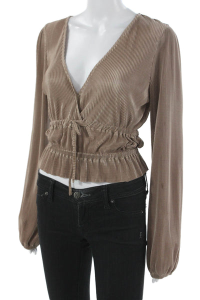 Zara Women Cropped V-Neck Long Sleeve Drawstring Blouse Beige Polyester Size S