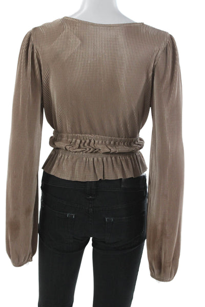 Zara Women Cropped V-Neck Long Sleeve Drawstring Blouse Beige Polyester Size S