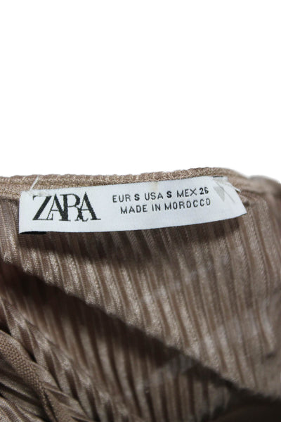 Zara Women Cropped V-Neck Long Sleeve Drawstring Blouse Beige Polyester Size S