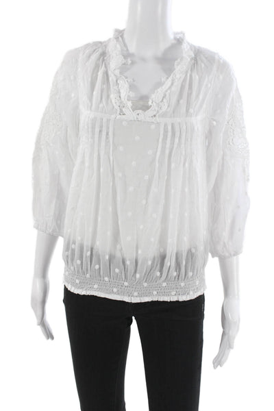 Queen Moda Women Tunic Blouse White V-Neck Polka Dot 3/4 Sleeve Cotton Size S