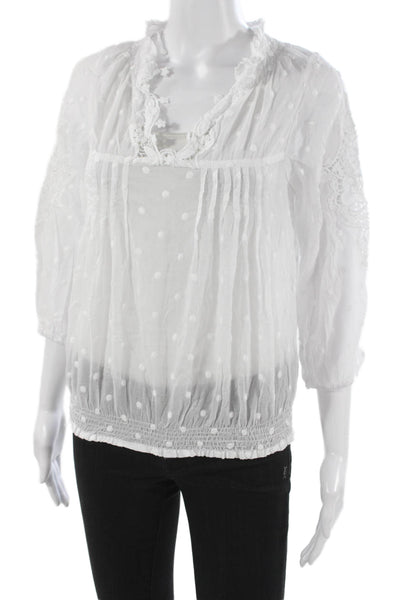 Queen Moda Women Tunic Blouse White V-Neck Polka Dot 3/4 Sleeve Cotton Size S