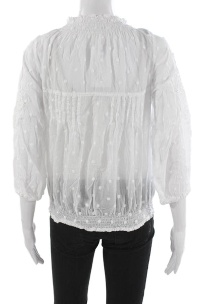 Queen Moda Women Tunic Blouse White V-Neck Polka Dot 3/4 Sleeve Cotton Size S