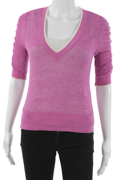 Veronica Beard Women Pullover Sweater Pink Linen Blend VNeck 3/4 Sleeve Size XS