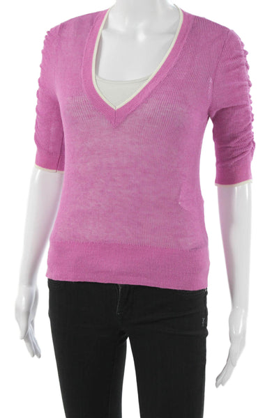Veronica Beard Women Pullover Sweater Pink Linen Blend VNeck 3/4 Sleeve Size XS