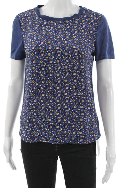 Tory Burch Womens Blue Silk Floral T-Shirt Short Sleeve Size 2XS