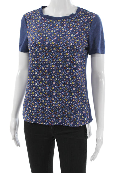 Tory Burch Womens Blue Silk Floral T-Shirt Short Sleeve Size 2XS