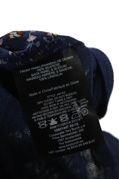 Tory Burch Womens Blue Silk Floral T-Shirt Short Sleeve Size 2XS