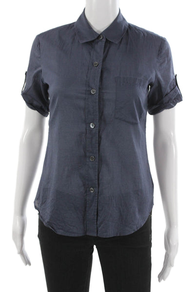 Theory Womens Collared Cotton Button Up Blouse Short Sleeve Blue Size 0P
