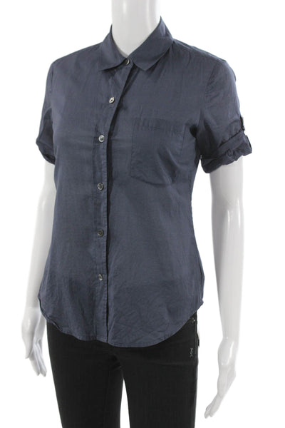 Theory Womens Collared Cotton Button Up Blouse Short Sleeve Blue Size 0P
