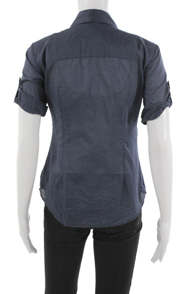 Theory Womens Collared Cotton Button Up Blouse Short Sleeve Blue Size 0P