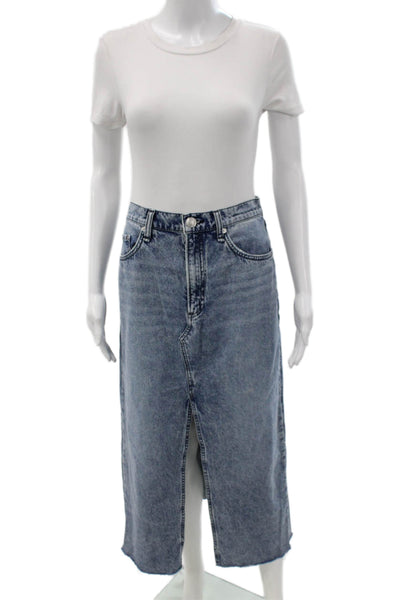 Rag & Bone Womens Straight Pencil Midi Blue Cotton Skirt Button Size 30