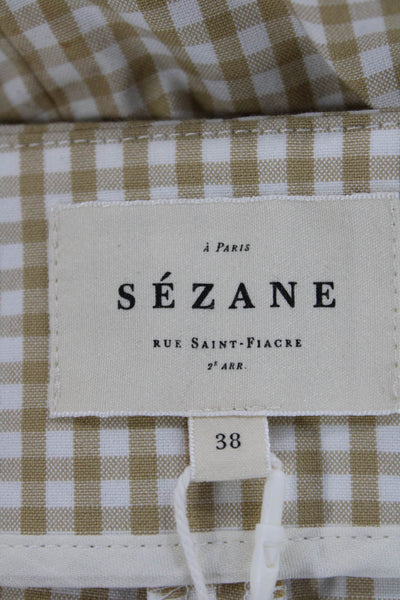 Sezane Women Bermuda Shorts Beige Cotton Check Zip Spring Classic Size 6