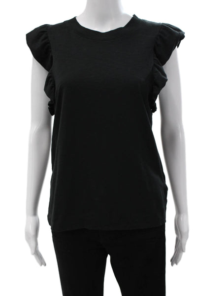 Nation Los Angeles Women Black Crew Neck Short Sleeve Ruffle T-Shirt Size M