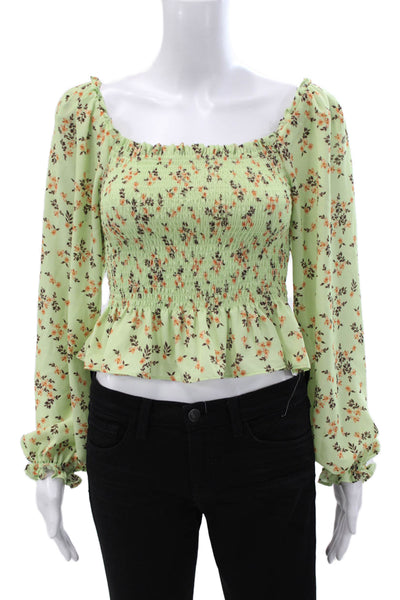 Wayf Women Cropped Floral Blouse Green Square Neck Long Sleeve Polyester Size S