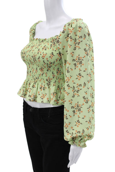 Wayf Women Cropped Floral Blouse Green Square Neck Long Sleeve Polyester Size S