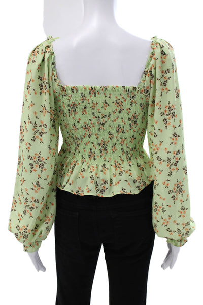 Wayf Women Cropped Floral Blouse Green Square Neck Long Sleeve Polyester Size S