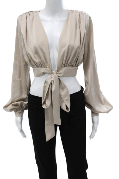 NBD Womens Cropped V-Neck Tie Front Beige Long Sleeve Blouse Size S