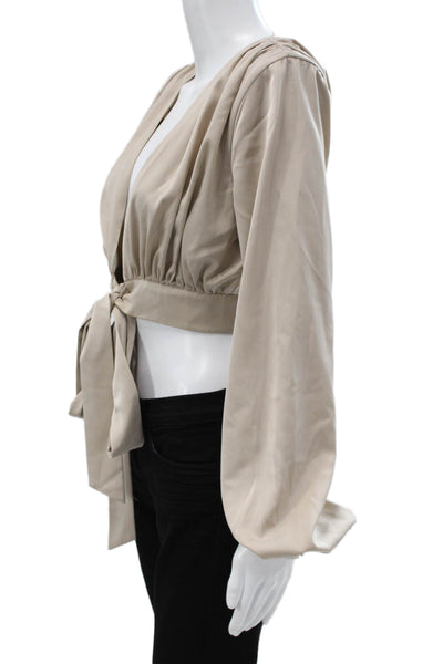 NBD Womens Cropped V-Neck Tie Front Beige Long Sleeve Blouse Size S