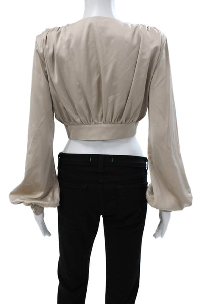 NBD Womens Cropped V-Neck Tie Front Beige Long Sleeve Blouse Size S