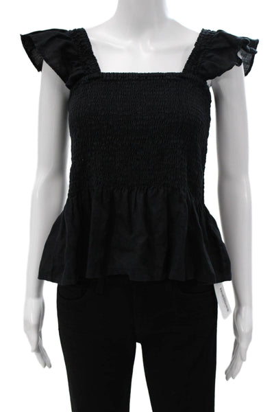 Lands End Women Basic Black 100% Linen Square Neck Short Sleeve Blouse Size S