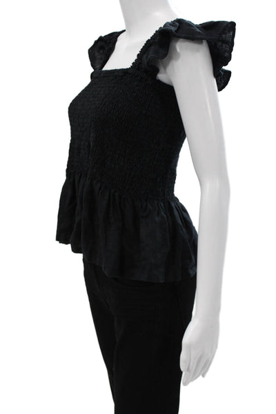 Lands End Women Basic Black 100% Linen Square Neck Short Sleeve Blouse Size S