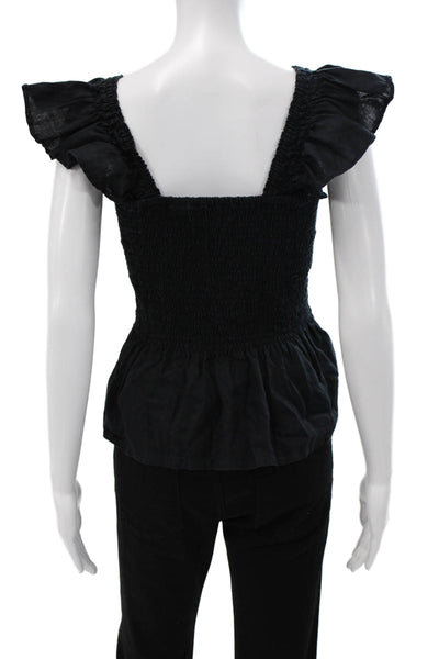 Lands End Women Basic Black 100% Linen Square Neck Short Sleeve Blouse Size S