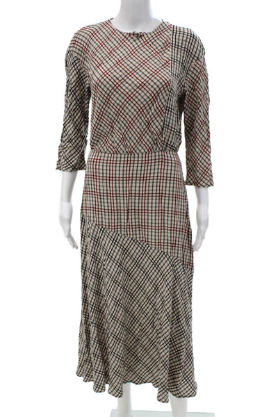 Zara Women Blouson Dress Beige Plaid Viscose 3/4 Sleeve Midi Size M