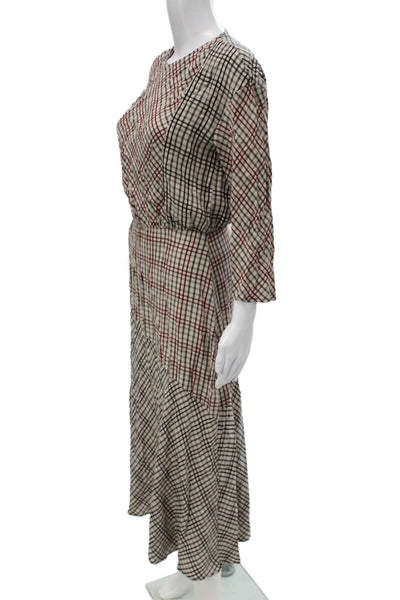 Zara Women Blouson Dress Beige Plaid Viscose 3/4 Sleeve Midi Size M