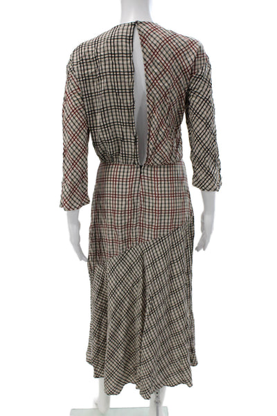Zara Women Blouson Dress Beige Plaid Viscose 3/4 Sleeve Midi Size M