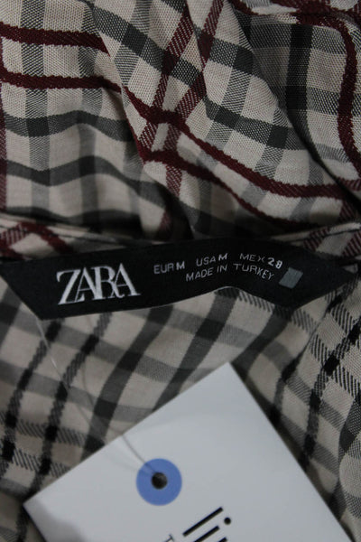 Zara Women Blouson Dress Beige Plaid Viscose 3/4 Sleeve Midi Size M