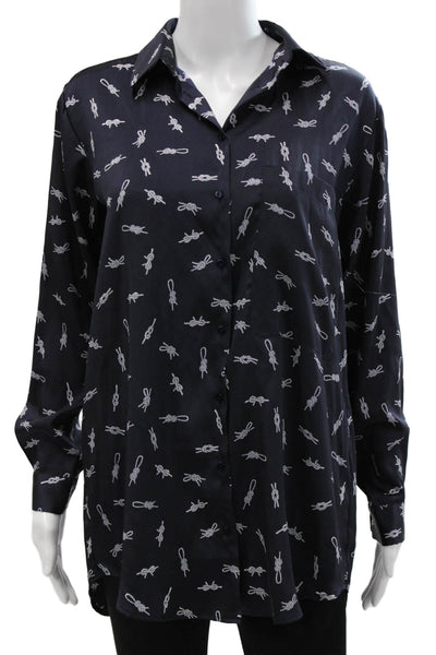 Zara Women Tunic Button-Up Blue Collared Geometric Polyester Long Sleeve Size S