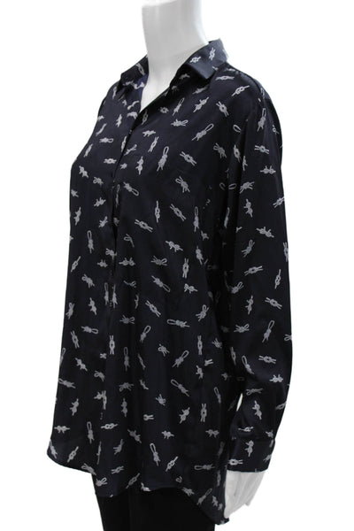 Zara Women Tunic Button-Up Blue Collared Geometric Polyester Long Sleeve Size S