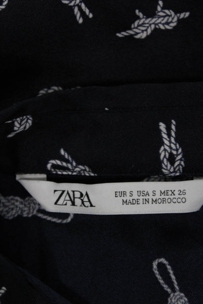 Zara Women Tunic Button-Up Blue Collared Geometric Polyester Long Sleeve Size S