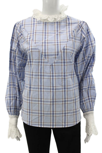English Factory Women Plaid Cotton High Neck Button Long Sleeve Blouse Size M