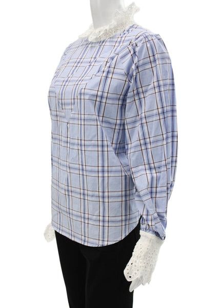 English Factory Women Plaid Cotton High Neck Button Long Sleeve Blouse Size M