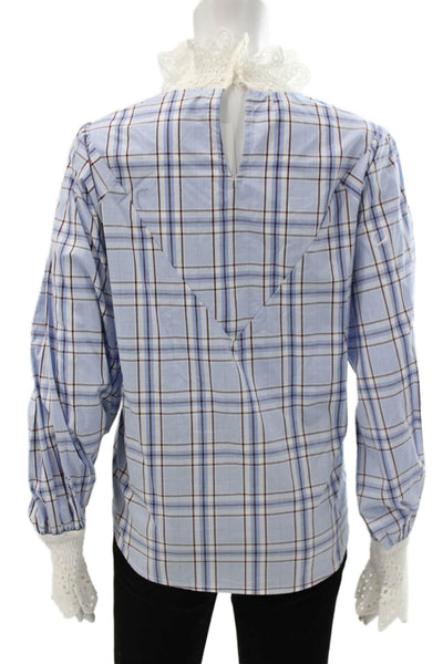 English Factory Women Plaid Cotton High Neck Button Long Sleeve Blouse Size M