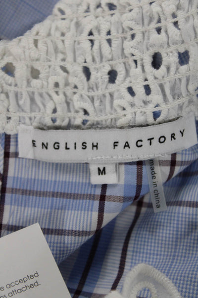 English Factory Women Plaid Cotton High Neck Button Long Sleeve Blouse Size M
