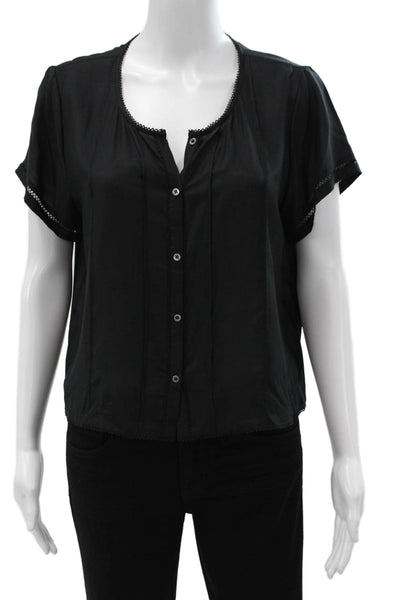 Frame Shirt Women Black Rayon V-Neck Short Sleeve Button Blouse Size S