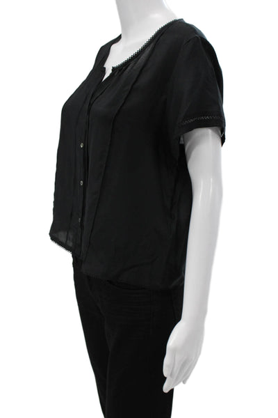 Frame Shirt Women Black Rayon V-Neck Short Sleeve Button Blouse Size S