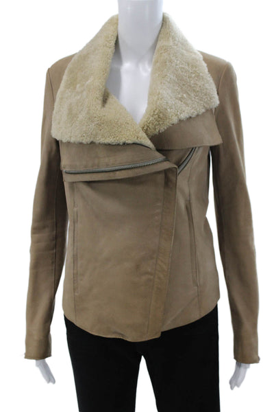 Helmut Lang Women Beige Goat Leather Biker Jacket Zip Long Sleeve Size S